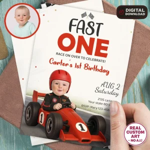Fast One Birthday Photo Invitation – Custom Racing Theme Design – Delivered in 24h – Digital File