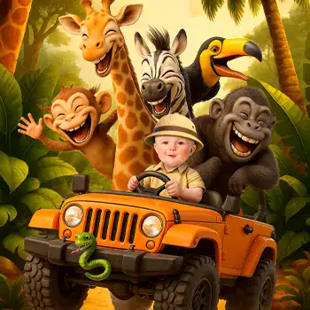 Neutral Wild One invitation with baby photo and safari animals