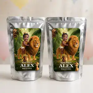 Matching Wild One thank-you cards with photo and jungle accents