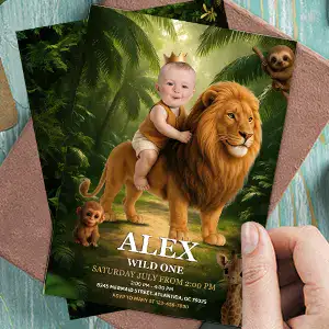 Wild One invitations with jungle greens and friendly safari animals