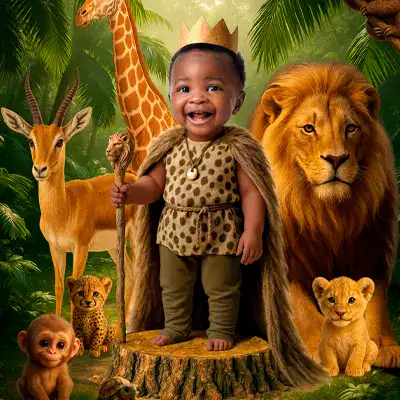 Wild One King invitation for boys with jungle animals