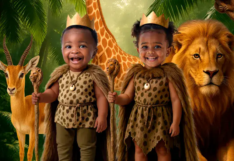 Wild One twins birthday design with two babies dressed as jungle explorers