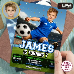 Personalized Soccer Birthday Invitation with Photo – Kids Football Theme – Boys Birthday Invite – Delivered in 24h – Digital File