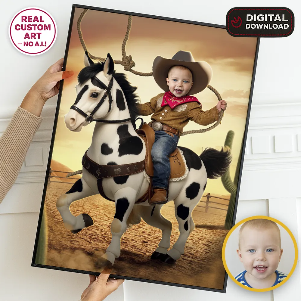 Custom Cowboy Baby Birthday Portrait with Photo – Western Baby Birthday Party Decoration – Delivered in 24h – Digital File 1 Custom Cowboy Baby Birthday Portrait with Photo – Western Baby Birthday Party Decoration – Delivered in 24h – Digital File