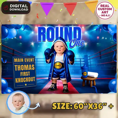 Round One printable birthday banner in blue & red
