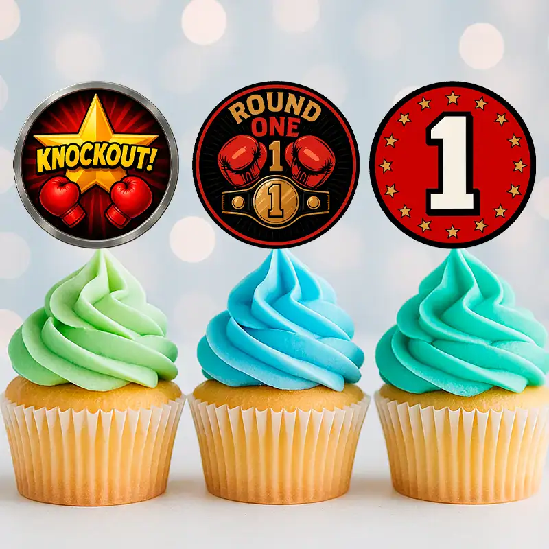 Free Printable Round One Cupcake Toppers in blue and red on cupcakes