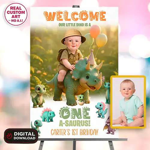 Baby Dinosaur welcome sign poster in soft greens