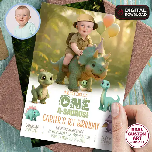 Personalized Baby Dinosaur Birthday Invitation – photo invite in soft greens