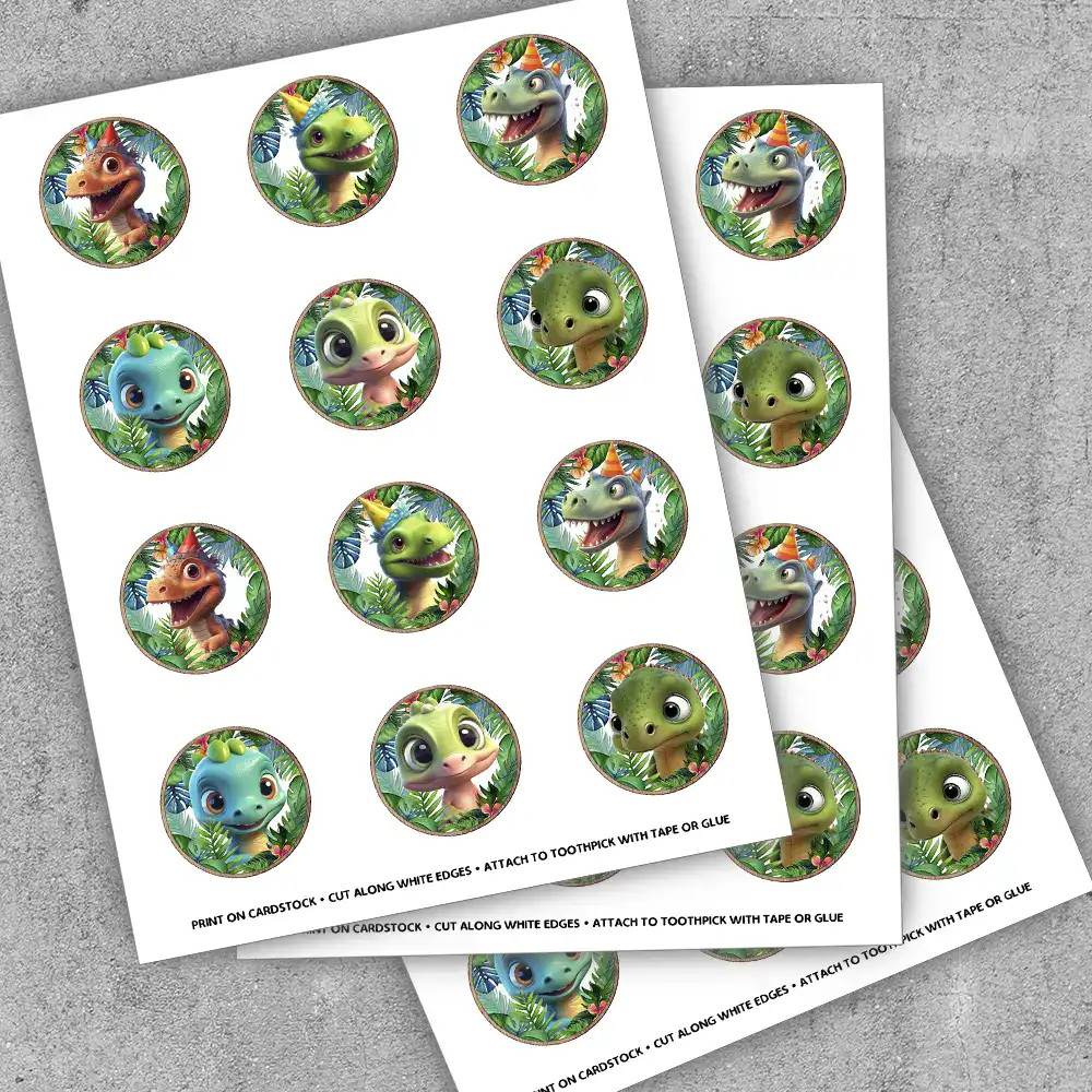 Close-up of 2-inch baby dino toppers: triceratops, brontosaurus, stegosaurus