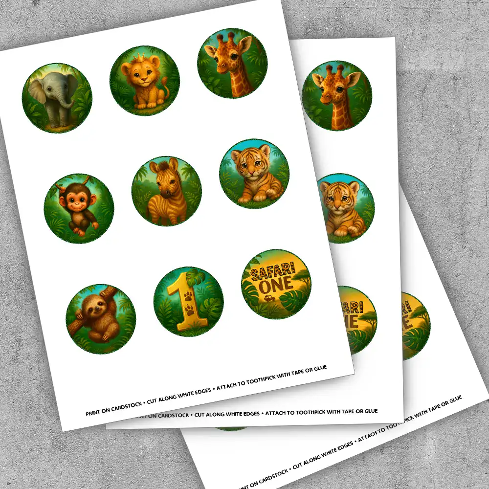 Close-up of 2-inch safari toppers with neutral jungle leaves and baby animals