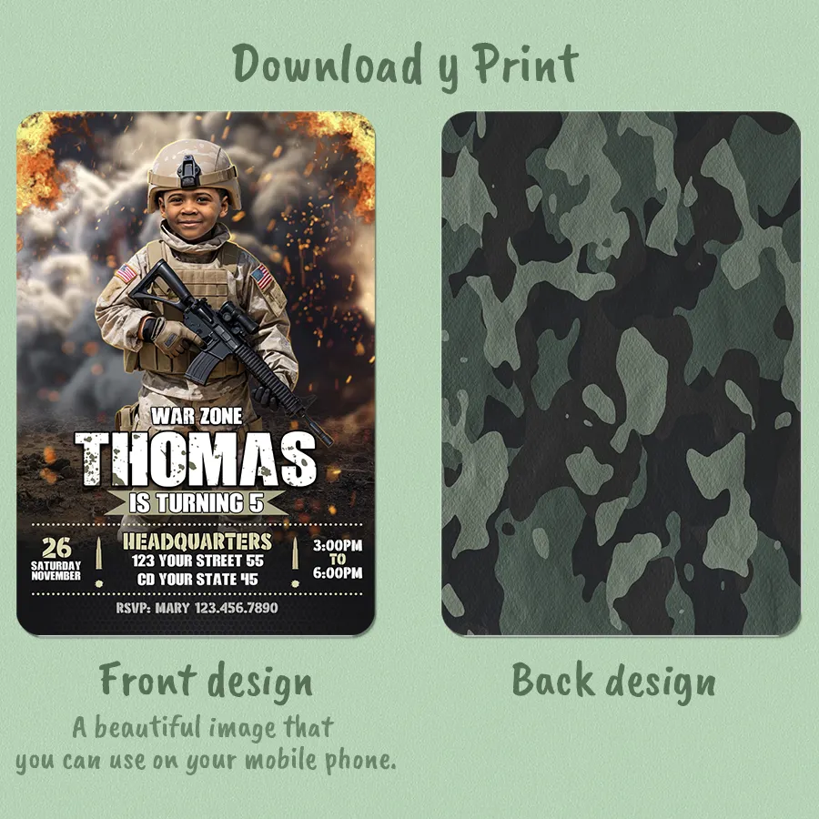 Custom Army Soldier Birthday Photo Invitation – Custom Military Birthday Invite – Delivered in 24h – Digital File 2 Custom Army Soldier Birthday Photo Invitation – Custom Military Birthday Invite – Delivered in 24h – Digital File - Image 2