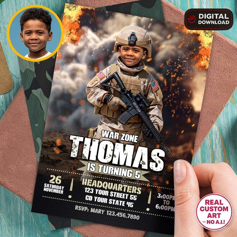 Military gamer birthday invitation with personalized photo