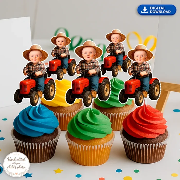 Custom Baby Farmer Cupcake Toppers – Farm Birthday Party Decorations – Delivered in 24h – Digital File