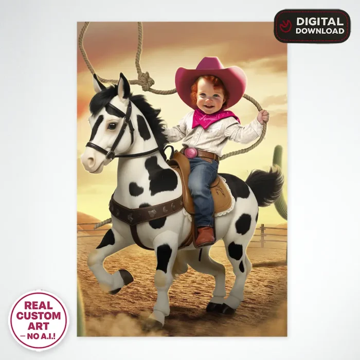 Custom Cowgirl Baby Birthday Portrait with Photo – Cowgirl Birthday Decoration – Delivered in 24h – Digital File
