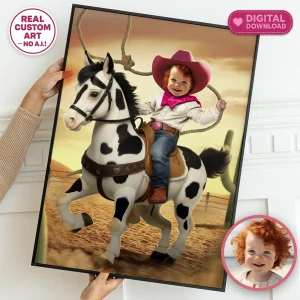 Custom Cowgirl Baby Birthday Portrait with Photo – Cowgirl Birthday Decoration – Delivered in 24h – Digital File