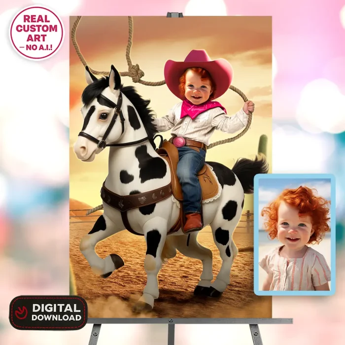 Custom Cowgirl Baby Birthday Portrait with Photo – Cowgirl Birthday Decoration – Delivered in 24h – Digital File