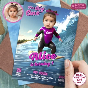 Personalized Baby Girl Surfing Birthday Invitation – Custom The Big One Party Invitation – Delivered in 24h – Digital File