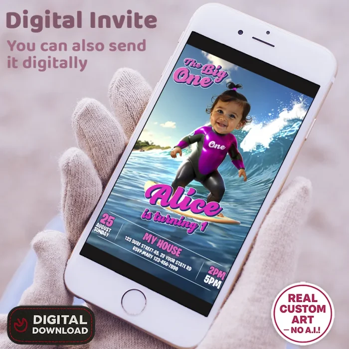 Personalized Baby Girl Surfing Birthday Invitation – Custom The Big One Party Invitation – Delivered in 24h – Digital File