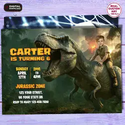 Epic T-Rex — 5–7 year old atop a roaring T-Rex with cinematic background