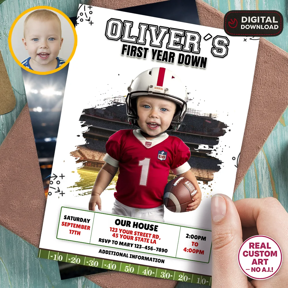 Custom Baby Football Birthday Invitation With Photo – First Year Down Invitation – 1st Birthday Invite for Boys – Delivered in 24h – Digital File 1 Custom Baby Football Birthday Invitation With Photo – First Year Down Invitation – 1st Birthday Invite for Boys – Delivered in 24h – Digital File