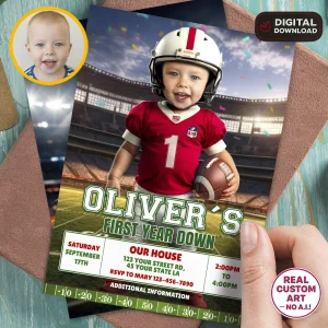 Custom Baby Football Birthday Photo Invitation – First Year Down Invitation – 1st Birthday Invite for Boys – Delivered in 24h – Digital File