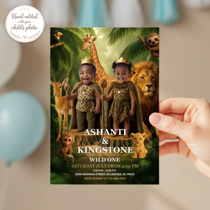 Personalized Wild One Twins & Siblings Birthday Invitation with Photo – Delivered in 24h – Digital File