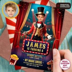 Personalized Circus Ringmaster Birthday Photo Invitation – Custom Carnival Party Design – Delivered in 24h – Digital File