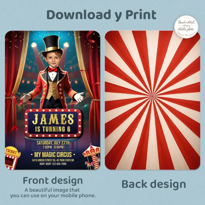 Circus Ringmaster Birthday Invitation with Child Photo and Top Hat