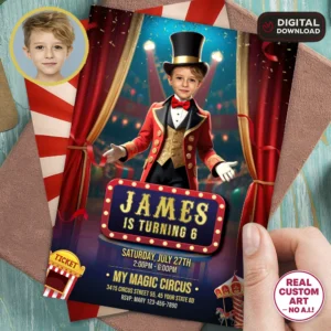 Circus Ringmaster Birthday Invitation with Child Photo and Top Hat