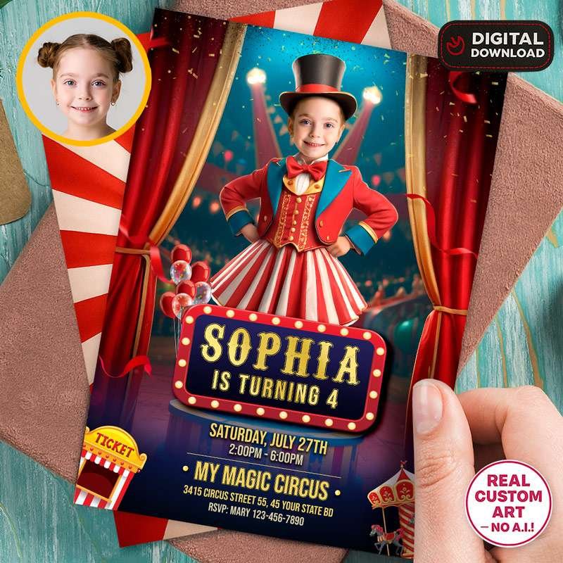 Personalized Circus Ringmaster Birthday Photo Invitation For Girls – Custom Carnival Party Design – Delivered in 24h – Digital File 1 Personalized Circus Ringmaster Birthday Photo Invitation For Girls – Custom Carnival Party Design – Delivered in 24h – Digital File