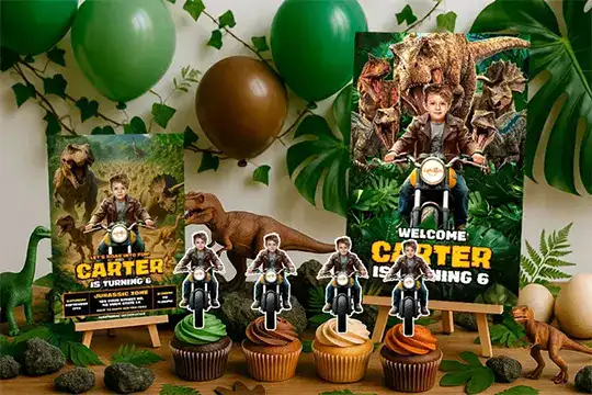 Dinosaur party table with personalized invitation, welcome sign and cupcake toppers