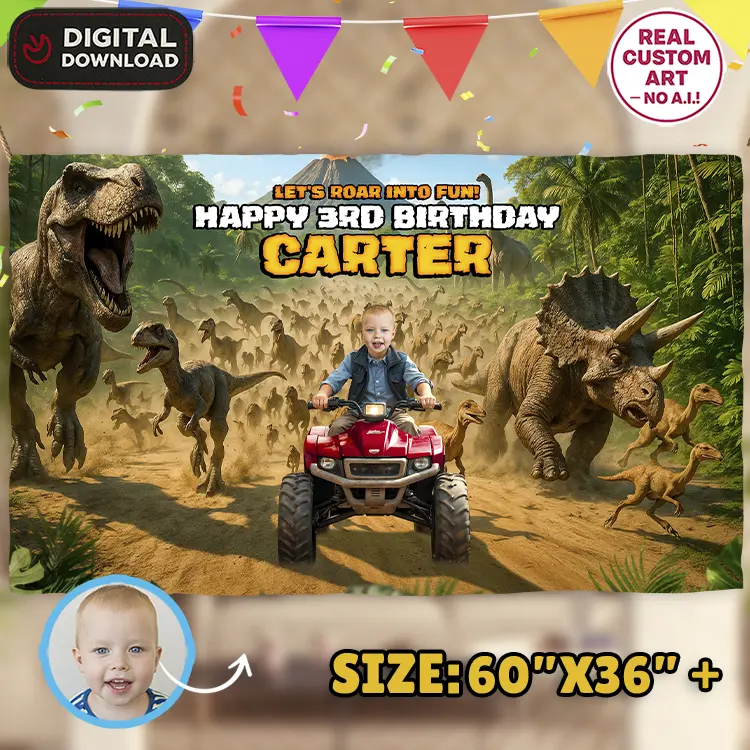 Dinosaur Birthday Bundle – Personalized Dinosaur Party Pack with Photo – Digital Download – Ready in 24h 5 Custom Dinosaur Banner With Photo - Birthday Decoration