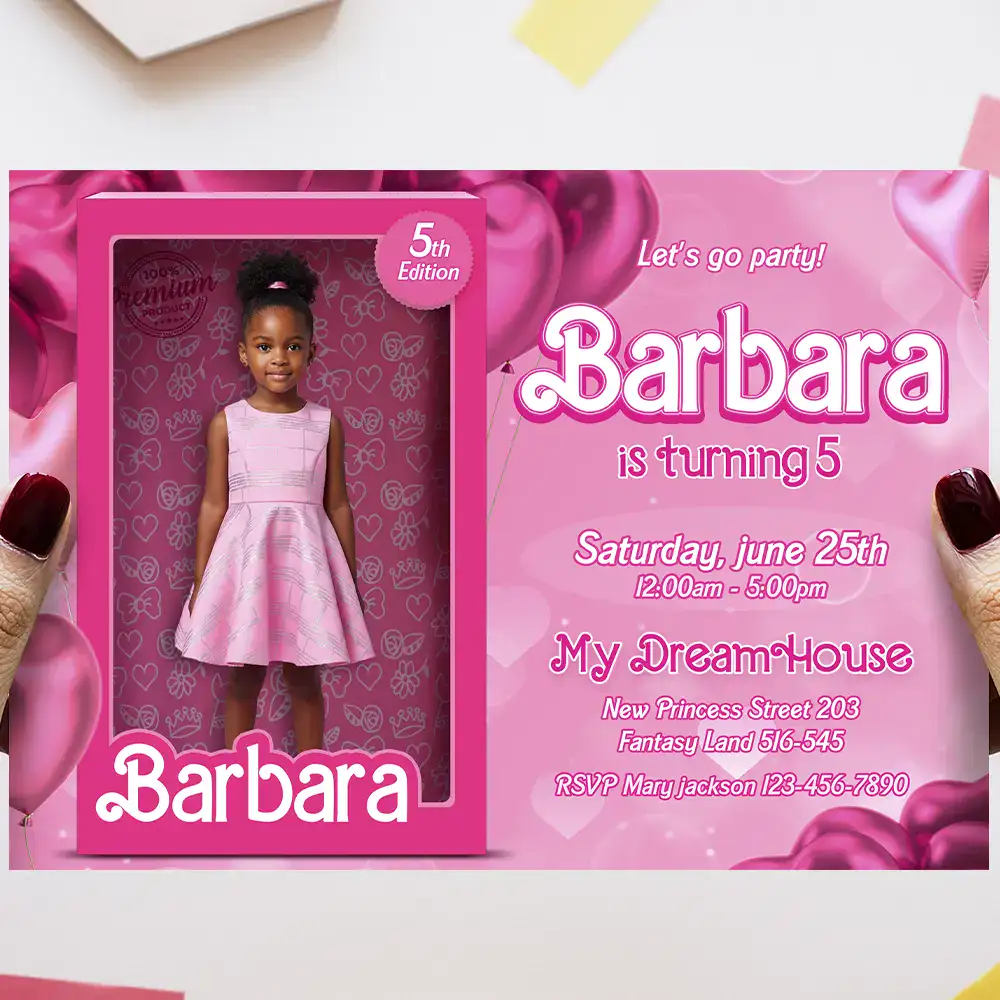 Custom Doll-Themed Birthday Invitation for Girls – Custom Doll Box Party Design – Delivered in 24h – Digital File 2 🎀✨ Custom Full-Body Doll-Themed Birthday Invitation for Girls – Made to Order Digital File