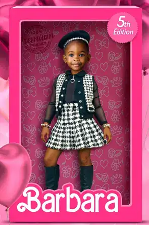 Personalized Doll Box Birthday Invitations & Party Decorations 16 Classic Outfit – Black & White Plaid + Beret (vertical)