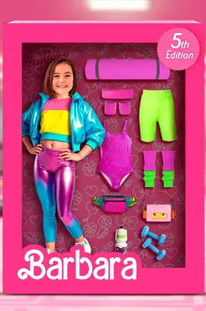 Personalized Doll Box Birthday Invitations & Party Decorations 20 Gymnast Outfit – Colorful 90s (vertical)