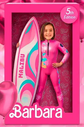 Personalized Doll Box Birthday Invitations & Party Decorations 17 Malibu Outfit – Wetsuit + Surfboard (vertical)