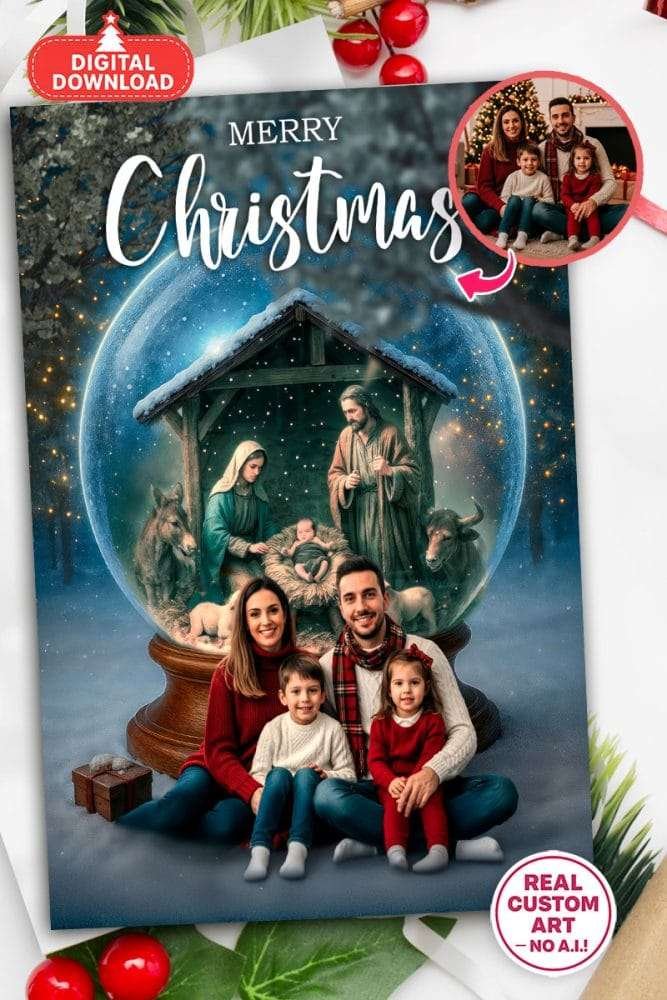 Personalized Nativity Snow Globe Christmas Photo Card – Custom Holiday Greeting – Delivered in 24h – Digital File 1 Personalized Nativity Snow Globe Christmas Photo Card – Custom Holiday Greeting – Digital File