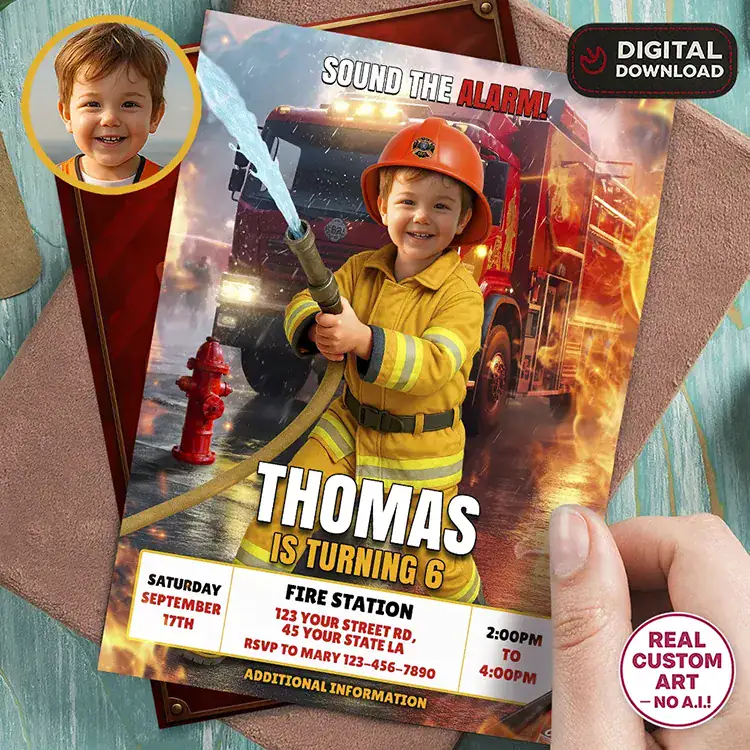 Firefighter birthday invitation with child photo