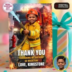 Custom Firefighter Thank You Card with Photo – Firetruck Party – Digital File