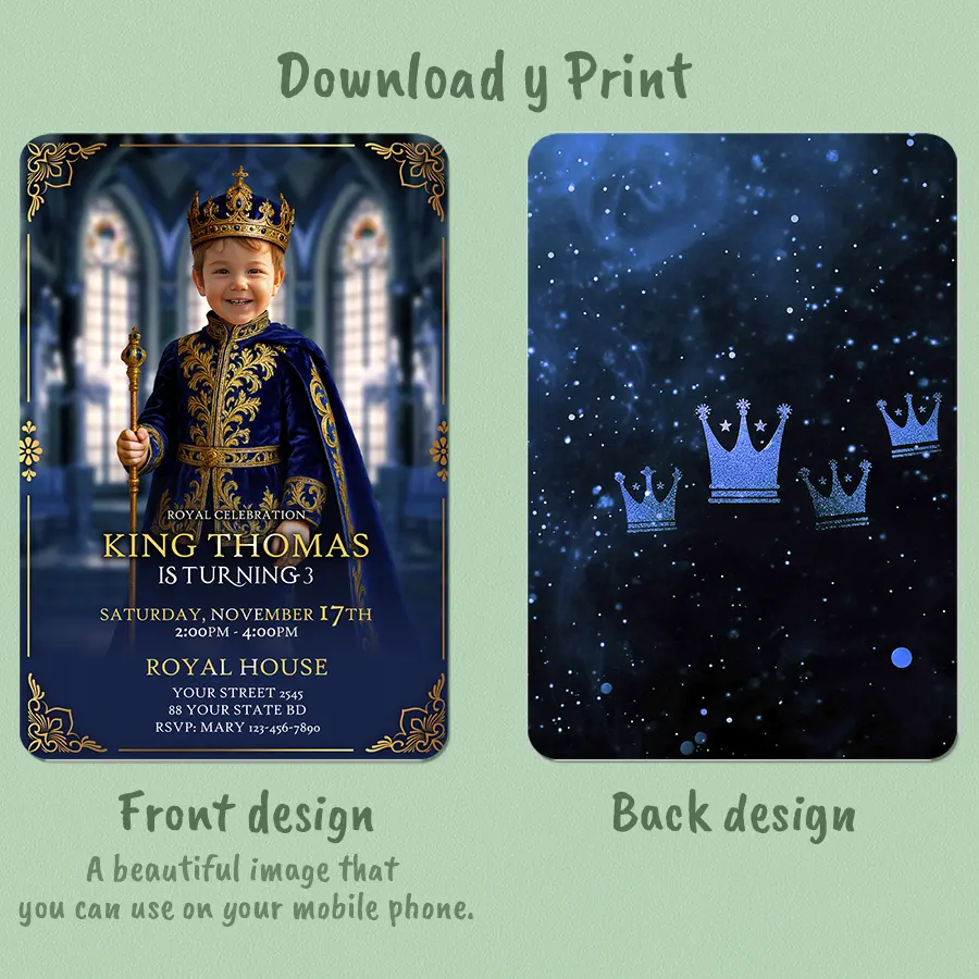 King Birthday Invitation With Photo – Personalized Royal Prince Party Invitation – Delivered in 24h – Digital File 2 King Birthday Invitation With Photo – Personalized Royal Prince Party Invitation – Delivered in 24h – Digital File - Image 2