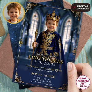 King Birthday Invitation With Photo – Personalized Royal Prince Party Invitation – Delivered in 24h – Digital File
