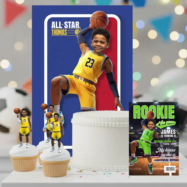 Sports birthday party set with photo invitations and matching decor