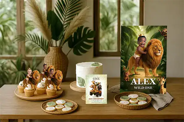 Wild One party table with jungle greens, wooden textures and friendly safari vibes