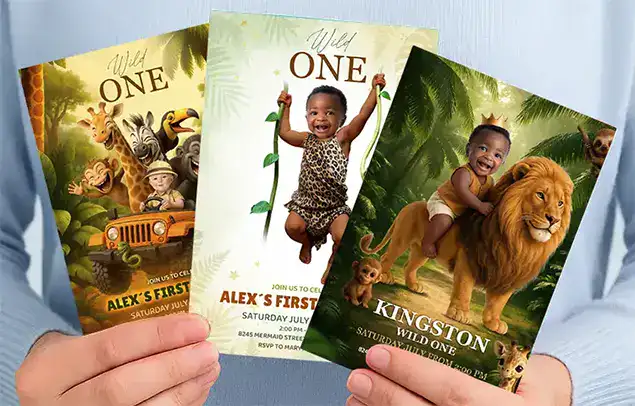 Wild One Birthday Invitations and Party Décor, beige and safari animals