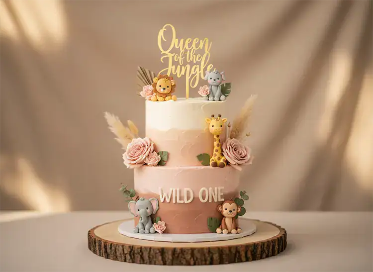 Wild One girl cake with blush florals and gold topper Queen of the Jungle