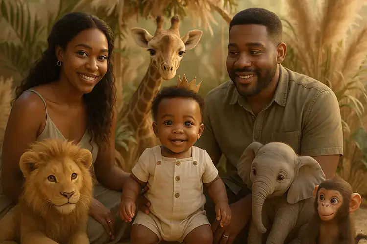 Family photo with Wild One jungle backdrop and matching beige and sage color palette