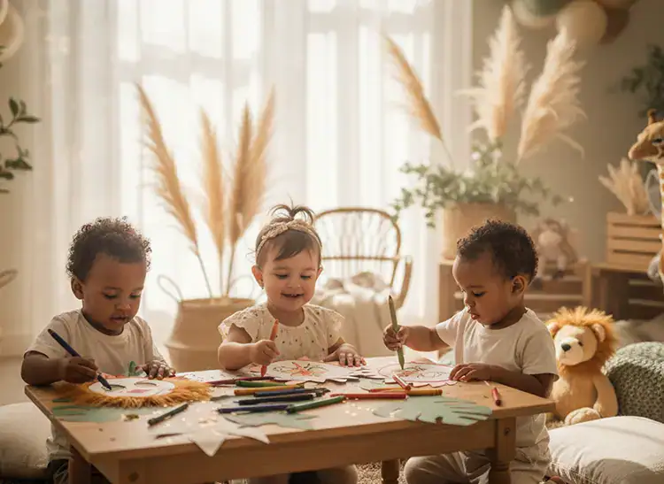 Children coloring paper animal masks at Wild One birthday craft station