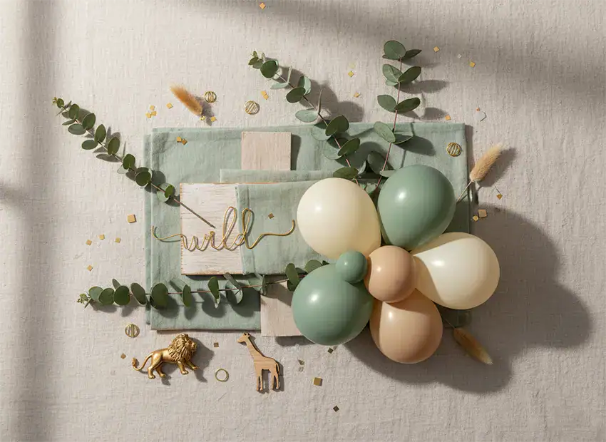 Wild One jungle color palette moodboard with sage green, sand beige, and natural textures