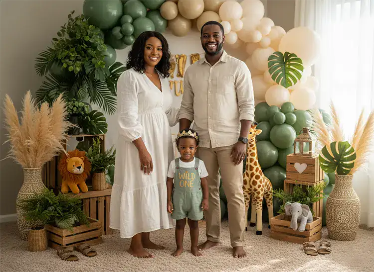Family dressed in coordinated Wild One outfits posing by jungle-themed party setup