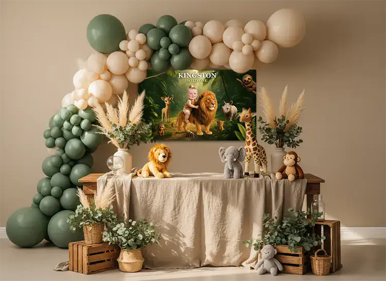 Soft jungle party setup with pastel balloons and wooden table for a calm Wild One celebration